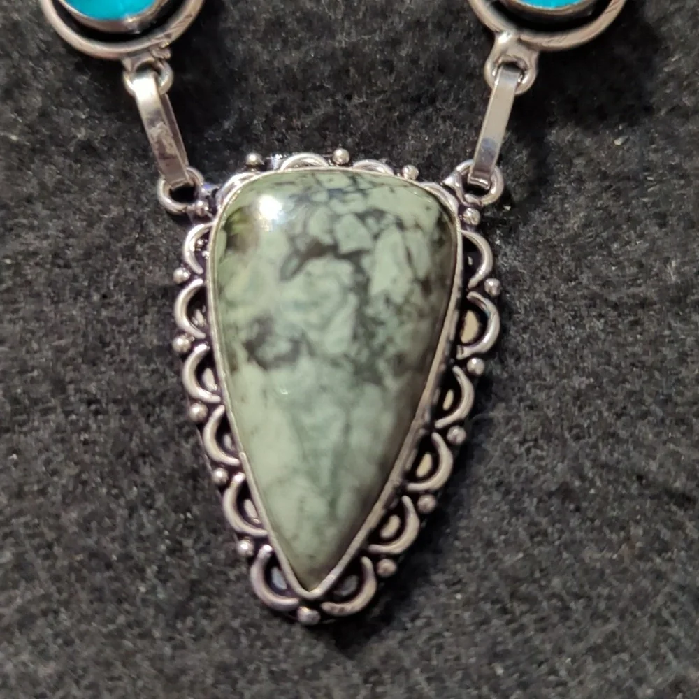Silver Plated Green Moss Agate Gemstone Blue Crystal Statement Necklace